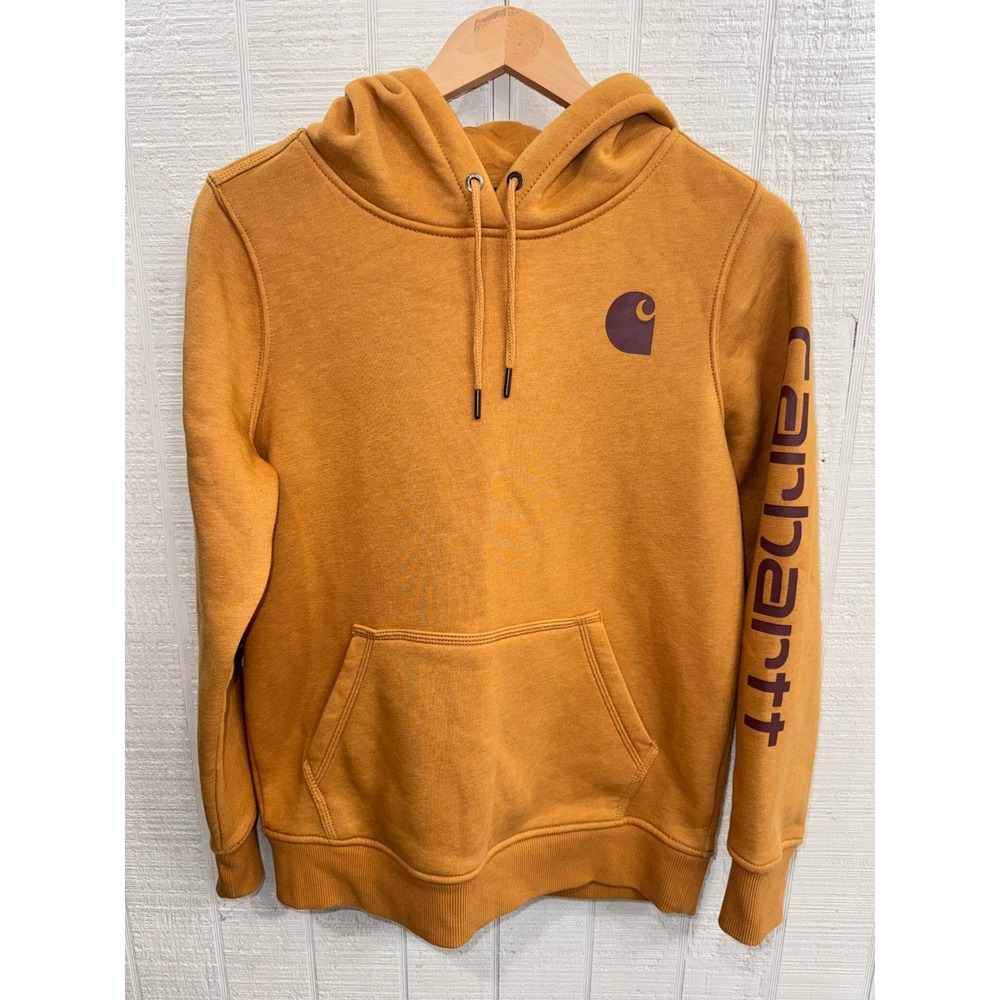 Carhartt Hoodie Women Mustard Yellow Purple Graphic Sleeve TS0288-W Size Small
